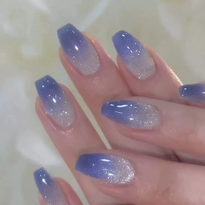 CTTHNBD Coffin Press on Nails Medium - Blue Fake Nails with Ombre Glitter Deisgn - Gloosy Full Cover Stick on False Nails - for Women 24 Pcs - Image 1